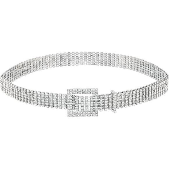 Women Rhinestone Belt Bling Crystal Shiny Waist Dress Belt Silver - Picture 8 of 8